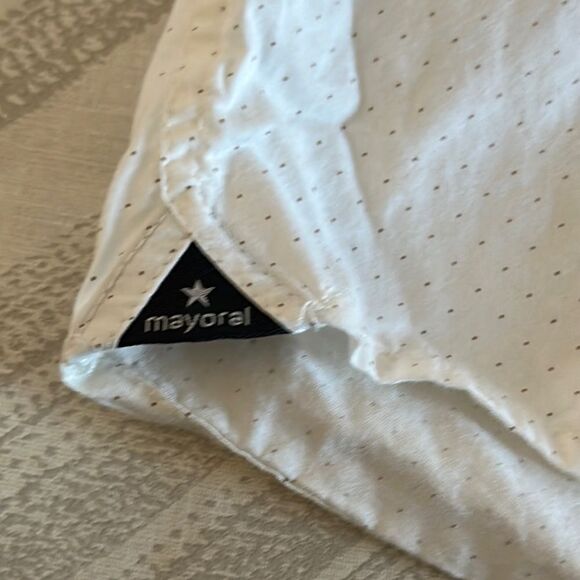 Mayoral Boys White Button-Up Slim Fit Polka Brown Dot Shirt - Size 7 - Picture 2 of 7